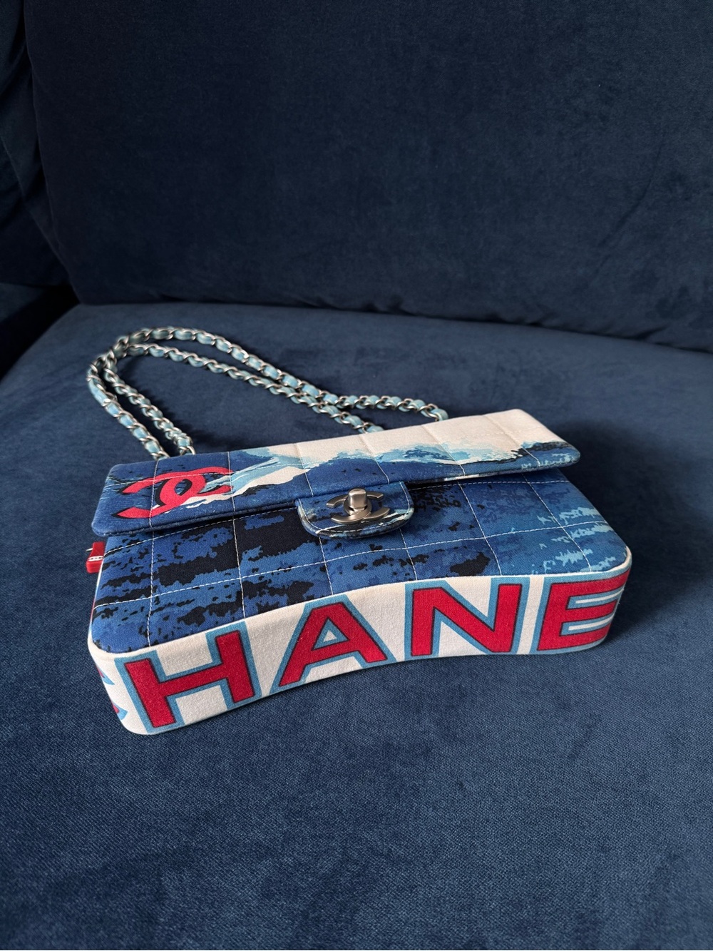Rare Chanel 2002 Surf Line Choco Bar flap Blue Canvas Silver Hardware - Picture 7 of 17